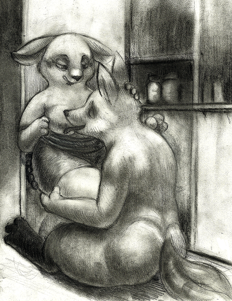 2016 anthro arkomeda big_breasts black_and_white blush breasts butt canine clothing disney duo female fox fur hair hi_res invalid_tag judy's_mom kitchen lagomorph long_ears lying male mammal mature_female monochrome nick_wilde nipples nude open_mouth rabbit smile tit_sucking tongue zootopia