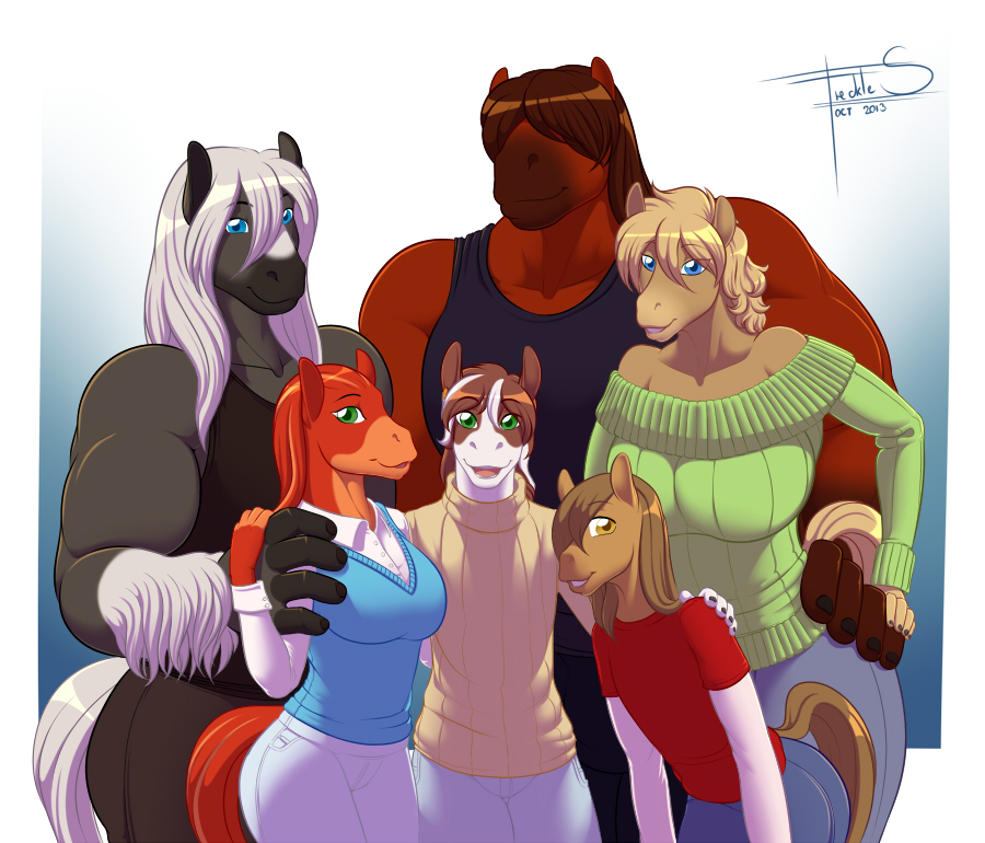 2013 anise anthro big_breasts blonde_hair blue_eyes breasts brown_hair cayenne cloves digital_media_(artwork) equine female freckles_(artist) freckles_(character) girly green_eyes group hair horse huge_breasts long_hair looking_at_viewer male mammal multicolored_hair muscular size_difference smile two_tone_hair tyelle_(character) white_hair yellow_eyes
