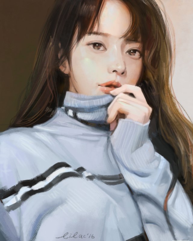 2016 artist_name asian bangs black_eyes black_hair dated face faux_traditional_media lips long_hair looking_at_viewer nose paint_(medium) parted_bangs realistic signature solo sweater tida_kietsungden turtleneck upper_body watermark