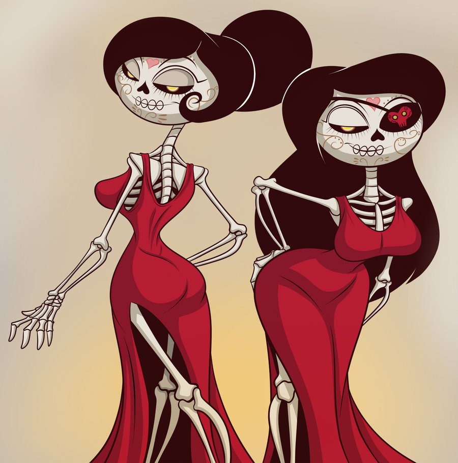&lt;3 adelita_sanchez animated_skeleton bent_over black_hair bone butt clothing cr dress duo eye_patch eyewear female hair half-closed_eyes hand_on_butt looking_at_viewer not_furry pose sanchez_twins scardelita_sanchez seductive sibling simple_background sisters skeleton smile the_book_of_life twins undead yellow_eyes