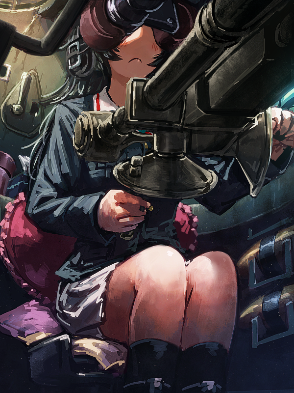 aiming black_hair blush commentary covered_eyes dark faux_traditional_media frown girls_und_panzer ground_vehicle isuzu_hana lain legs_together long_hair military military_uniform military_vehicle motor_vehicle ooarai_military_uniform serious sitting skirt solo sunlight tank tank_interior uniform