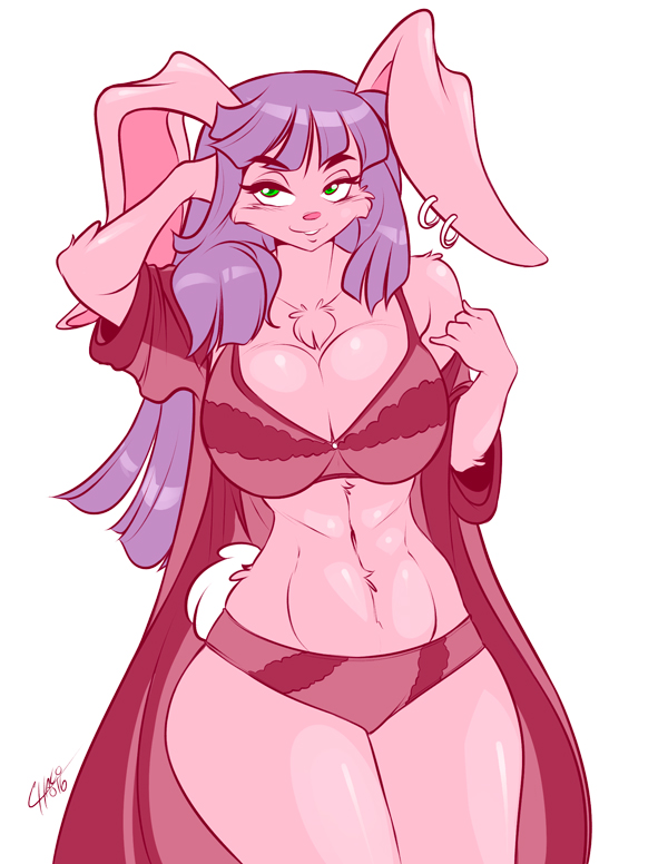 anthro big_breasts bikini breasts chalo cleavage clothed clothing connin ear_piercing female fur green_eyes hair huge_breasts lagomorph las_lindas long_hair looking_at_viewer mammal navel piercing pink_fur purple_hair rabbit robe smile solo swimsuit thick_thighs wide_hips
