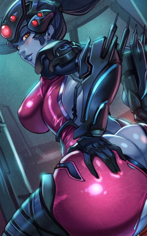 1girl anime ass ass_grab blizzard blue_hair breasts butt_crack game gloves huge_ass huge_breasts looking_back manga overwatch pin_up purple_skin reiquintero sexy solo visor widowmaker_(overwatch) yellow_eyes