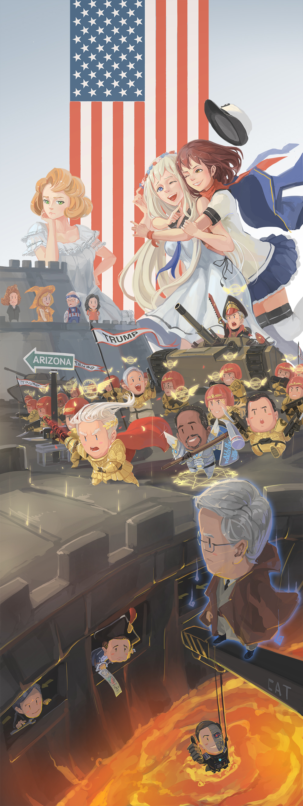 american_flag apron battle bayonet ben_carson bernie_sanders black_hair blonde_hair blue_eyes blue_skirt breasts captain_america captain_america_(cosplay) chibi chris_christie cocktail cocktail_glass commentary_request commissar cosplay crane cup debbie_wasserman_schultz donald_trump dreadnought dress drinking_glass ea_(fate/stay_night) emperor_of_mankind emperor_of_mankind_(cosplay) eyes fate/stay_night fate_(series) gilgamesh gilgamesh_(cosplay) green_eyes ground_vehicle gun hairband hammer hat hat_removed head_in_hand headwear_removed helmet highres hillary_clinton hug hug_from_behind imperial_guard jeb_bush john_kasich laurel_crown looking_at_viewer magic_circle marco_rubio marvel medium_breasts military military_vehicle milo_yiannopoulos missouri_(pacific) motor_vehicle multiple_boys multiple_girls musket no_gloves one_eye_closed open_mouth orange_hat pacific politician politics real_life real_life_insert rifle sideboob sima_naoteng skirt star_wars sword tank ted_cruz terminator thighhighs tulsi_gabbard uss_arizona_(bb-39) uss_florida_(bb-30) uss_missouri_(bb-63) warhammer warhammer_40k weapon white_dress white_hair white_legwear witch_hat