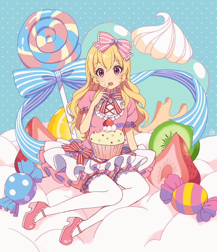 aikatsu! aikatsu!_(series) artist_name blonde_hair blush candy dress earrings food food_on_face fruit hair_ribbon heart heart_earrings hoshimiya_ichigo jewelry kim_bae-eo lollipop long_hair looking_at_viewer muffin open_mouth pink_dress pink_footwear polka_dot polka_dot_background red_eyes ribbon shoes short_dress short_sleeves sitting skirt solo strawberry striped striped_ribbon thighhighs white_legwear