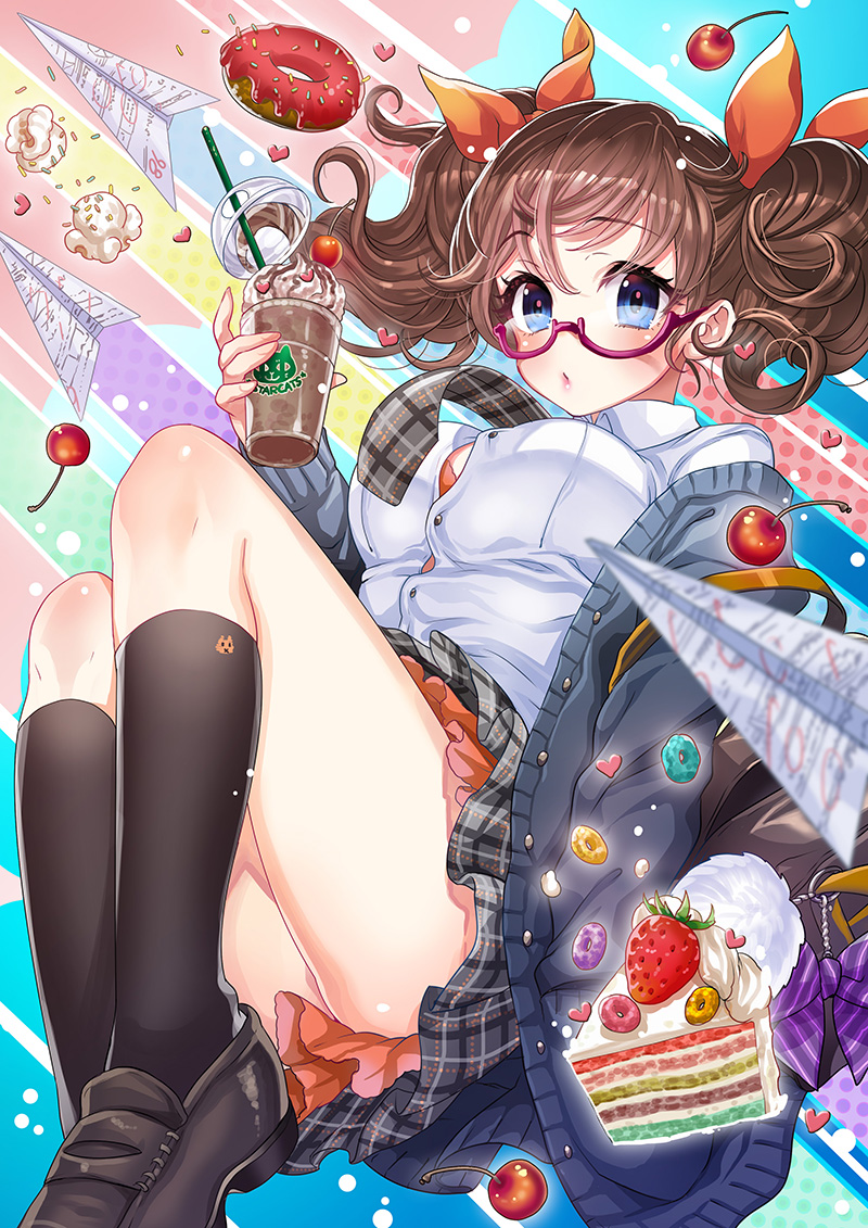 1girl bag bag_charm black_footwear black_legwear blue_eyes bookbag bow brand_name_imitation breasts brown_hair cake candy charm_(object) cherry coffee coga cup doughnut drinking_straw food froot_loops fruit full_body glasses hair_bow heart holding holding_cup iced_coffee kneehighs knees_up large_breasts moe2019 necktie orange_bow paper_airplane penny_loafers pink-framed_eyewear plaid plaid_neckwear plaid_skirt purple_bow school_uniform shirt short_twintails skirt slice_of_cake sprinkles strawberry sweets twintails white_shirt