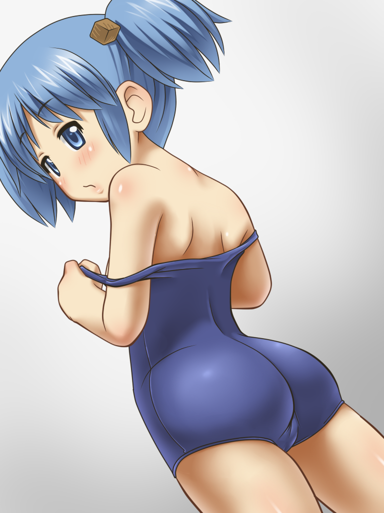 1girl ass awa bare_arms bare_legs bare_shoulders blue_eyes blue_hair blush cameltoe eyebrows eyebrows_visible_through_hair legs looking_back naganohara_mio nichijou simple_background solo standing swimsuit thighs twintails undressing