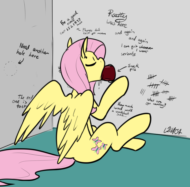 2016 animal_genitalia animal_penis cutie_mark duo english_text equine equine_penis eyes_closed feathered_wings feathers fellatio female feral fluttershy_(mlp) friendship_is_magic glory_hole hair male male/female mammal my_little_pony oral pegasus penis pink_hair sex sitting text tongue tongue_out whatsapokemon wings