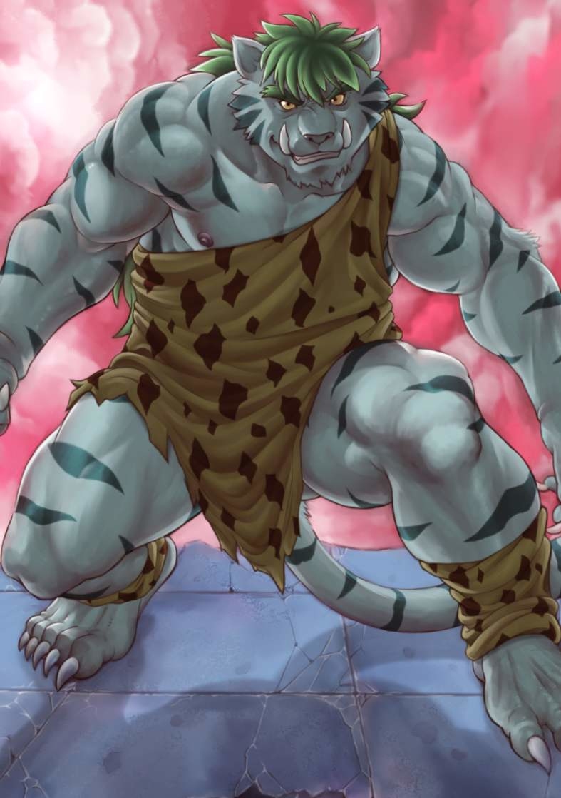 2016 5_toes angry anthro barefoot bicep blue_fur bomb_(artist) byakko claws clenched_teeth clothed clothing digital_media_(artwork) fangs fighting_stance front_view fur green_hair grey_fur hair looking_at_viewer male multicolored_fur pecs pink_background plantigrade simple_background smile solo standing striped_fur stripes teeth toe_claws toes two_tone_fur yellow_eyes