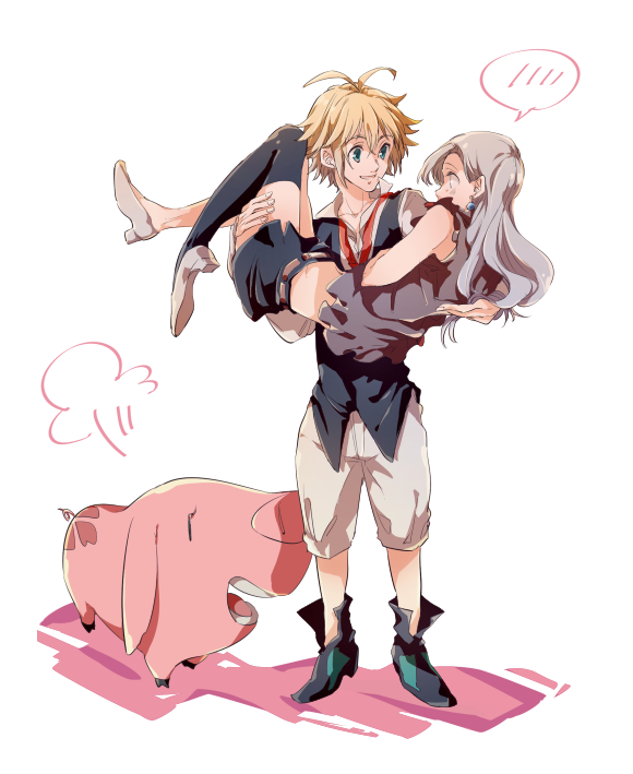 1boy 1girl animal bent_knees black_vest blonde_hair boots carry elizabeth_liones hawk_(nanatsu_no_taizai) long_hair meliodas nanatsu_no_taizai pig princess_carry shoes short_hair thighhighs vest