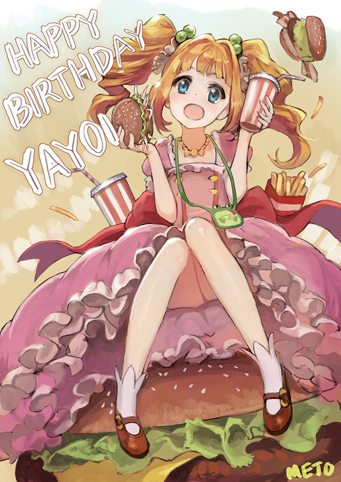 birthday blush commentary_request cup disposable_cup dress drink drinking_straw food french_fries green_eyes hamburger happy_birthday idolmaster idolmaster_(classic) jewelry long_hair looking_at_viewer meto31 necklace open_mouth orange_hair pink_dress puffy_short_sleeves puffy_sleeves short_sleeves sitting smile solo takatsuki_yayoi twintails