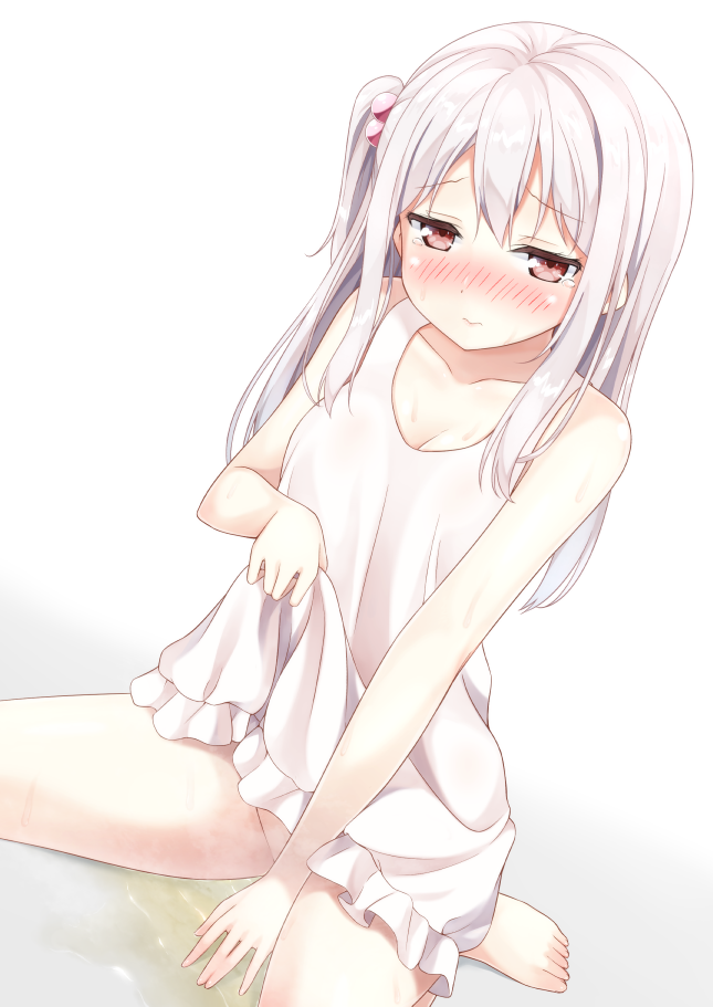 barefoot blush breasts collarbone covering covering_crotch dress dress_lift hair_ornament karutamo long_hair medium_breasts no_panties nose_blush one_side_up original pee peeing peeing_self red_eyes silver_hair simple_background sitting sleeveless solo sweat tears tisshu_(karutamo) wariza wavy_mouth white_dress