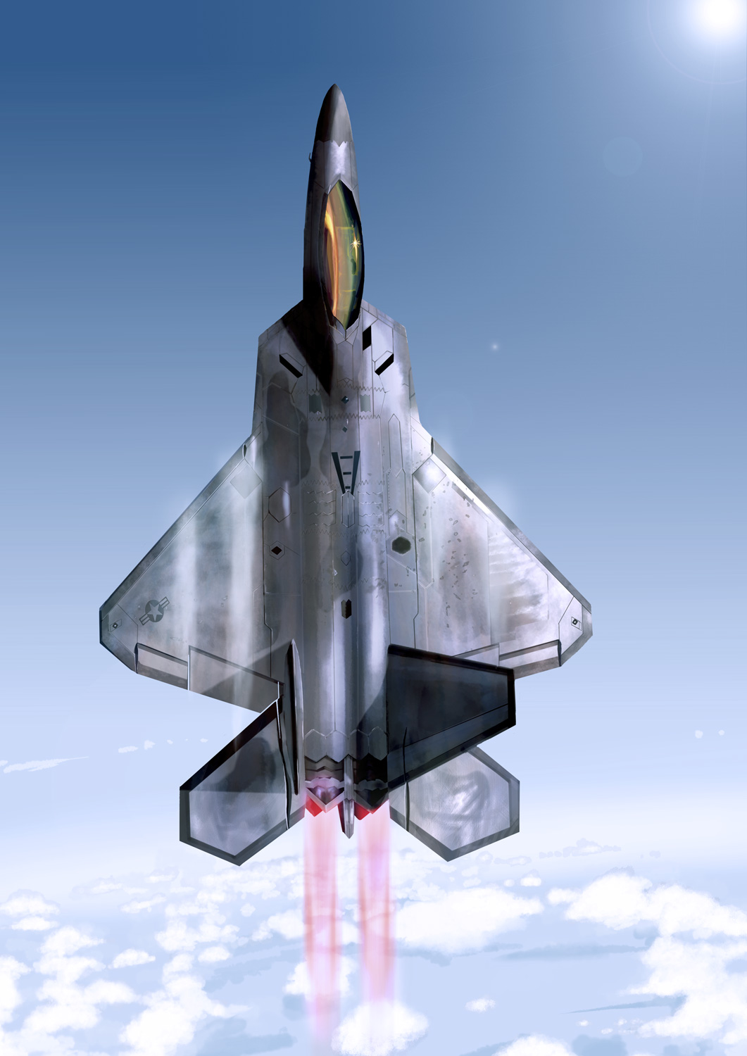 aircraft airplane america bad_id bad_pixiv_id cloud condensation_trail day f-22_raptor fighter_jet flying highres i.t.o_daynamics jet military military_vehicle real_life realistic reflection sun