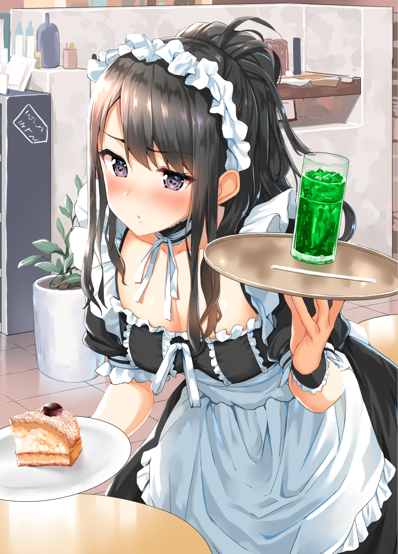1girl alternate_costume apron black_choker black_dress black_hair blush body_mahattaya_ginga breasts cake choker cleavage closed_mouth collarbone commentary_request cup dress drink drinking_glass drinking_straw enmaided food frilled_apron frills frown holding holding_plate holding_tray idolmaster idolmaster_shiny_colors indoors kazano_hiori leaning_forward long_hair looking_at_viewer maid maid_apron maid_headdress medium_breasts plant plate ponytail potted_plant purple_eyes ribbon sidelocks slice_of_cake solo table tile_floor tiles tray white_apron white_ribbon wrist_cuffs