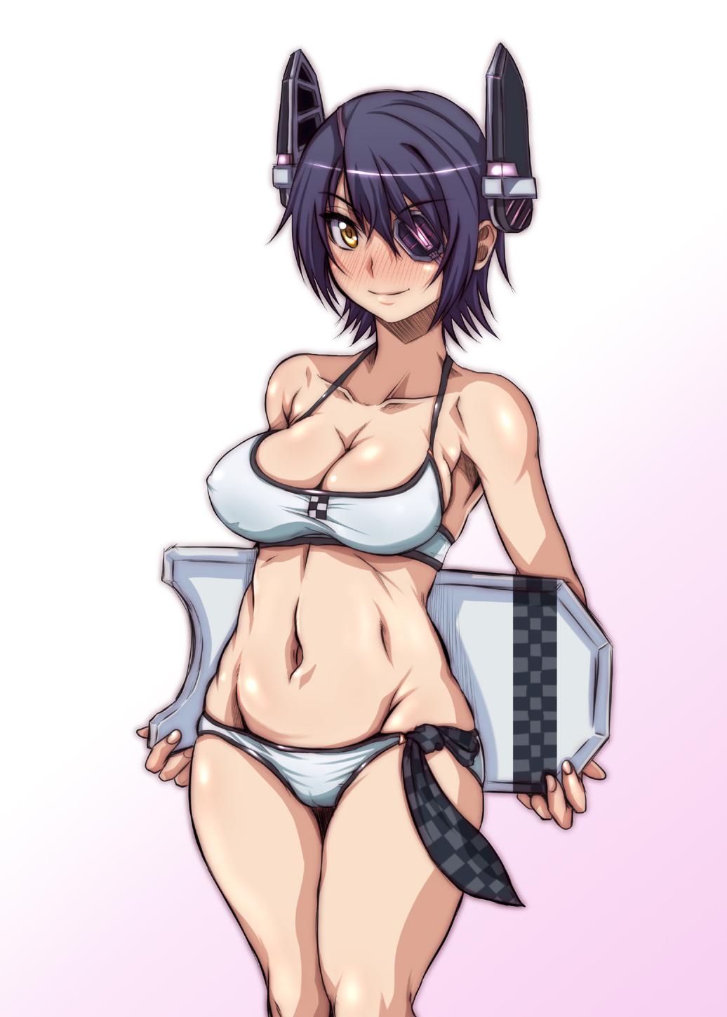 bikini blush breasts cameltoe checkered checkered_neckwear cleavage covered_nipples eyepatch gradient gradient_background headgear highres hirokawa_kouichirou holding kantai_collection kickboard large_breasts looking_at_viewer navel necktie purple_hair short_hair skindentation smile solo standing swimsuit tenryuu_(kantai_collection) white_swimsuit