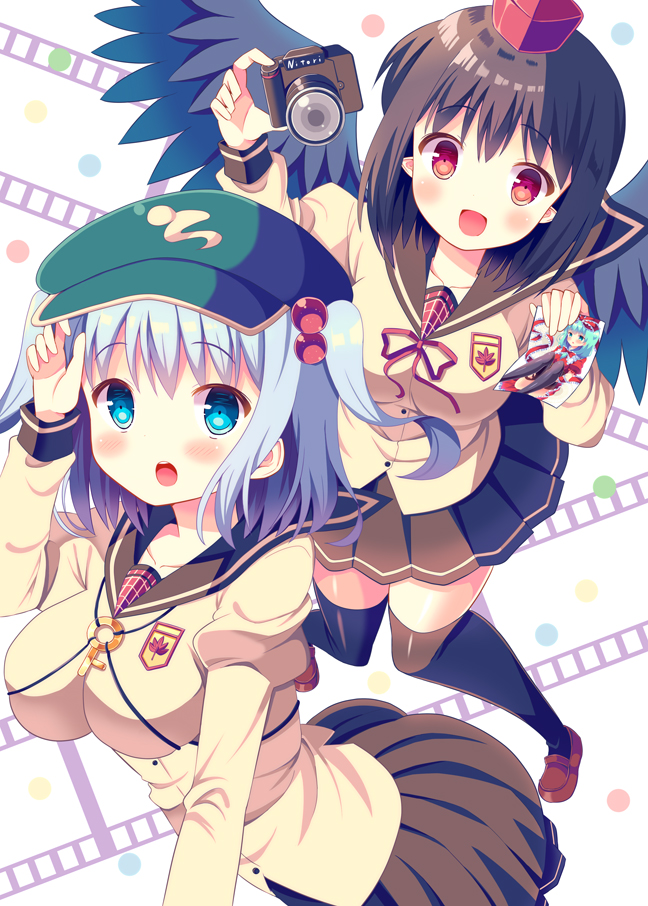 :d :o alternate_costume black_hair black_legwear black_skirt black_wings blue_eyes blue_hair blush breasts camera eyebrows eyebrows_visible_through_hair feathered_wings green_hat hair_bobbles hair_ornament hat hazakura_satsuki holding holding_camera holding_photo juliet_sleeves kagiyama_hina kawashiro_nitori key large_breasts leaf leaf_print long_sleeves looking_at_viewer maple_leaf multiple_girls open_mouth over-kneehighs photo_(object) pleated_skirt pointy_ears polka_dot puffy_sleeves red_footwear red_hat school_uniform shameimaru_aya shoes short_hair skirt smile thighhighs touhou two_side_up wings