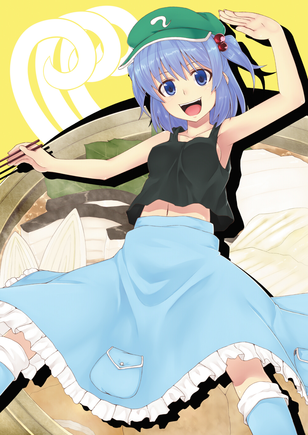 :d armpits bare_shoulders blue_eyes blue_hair breasts chopsticks collarbone commentary_request food hair_bobbles hair_ornament hat highres kawashiro_nitori looking_at_viewer medium_breasts navel open_mouth saemon_(tonpura) short_hair sideboob sleeveless smile solo sukiyaki tank_top touhou twintails two_side_up wristband