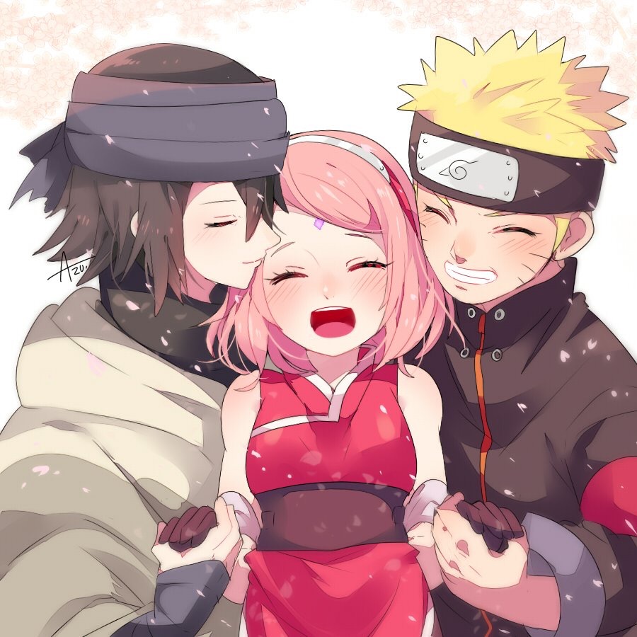 2boys :d ^_^ azu. boy_sandwich closed_eyes facial_mark forehead_mark forehead_protector grin happy haruno_sakura headband holding_hands multiple_boys naruto:_the_last naruto_(series) open_mouth pink_hair sandwiched smile uchiha_sasuke uzumaki_naruto