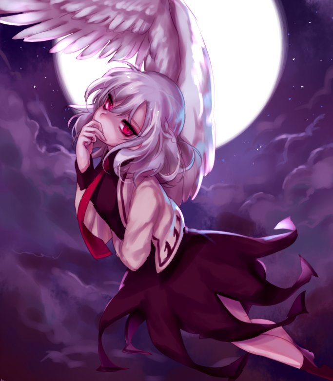 cloud cloudy_sky covering_mouth dress flying hand_over_own_mouth head_back jacket kishin_sagume long_sleeves looking_at_viewer moon necktie purple_dress red_eyes red_neckwear shan silver_hair single_wing sky solo star_(sky) starry_sky touhou wings