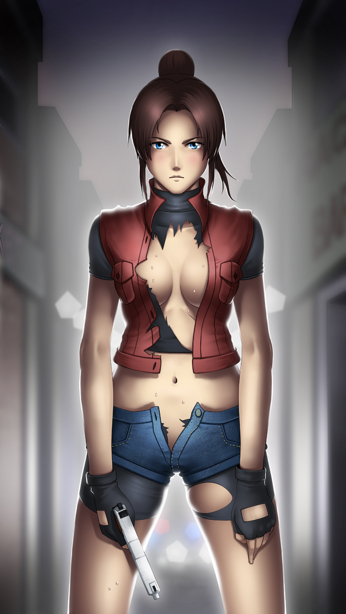 bike_shorts blue_eyes blush breasts brown_hair capcom claire_redfield fingerless_gloves gloves gun highres holding holding_gun holding_weapon jacket large_breasts legs long_hair looking_at_viewer midriff navel no_bra outdoors ponytail resident_evil resident_evil_2 serious short short_shorts short_sleeves solo standing sweat thighs thor_(deep_rising) torn_clothes weapon
