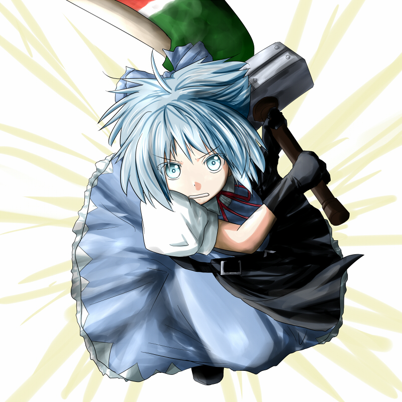 advent_cirno ao-shiba blue_eyes blue_hair bow cirno emphasis_lines hair_bow open_mouth solo sword touhou weapon