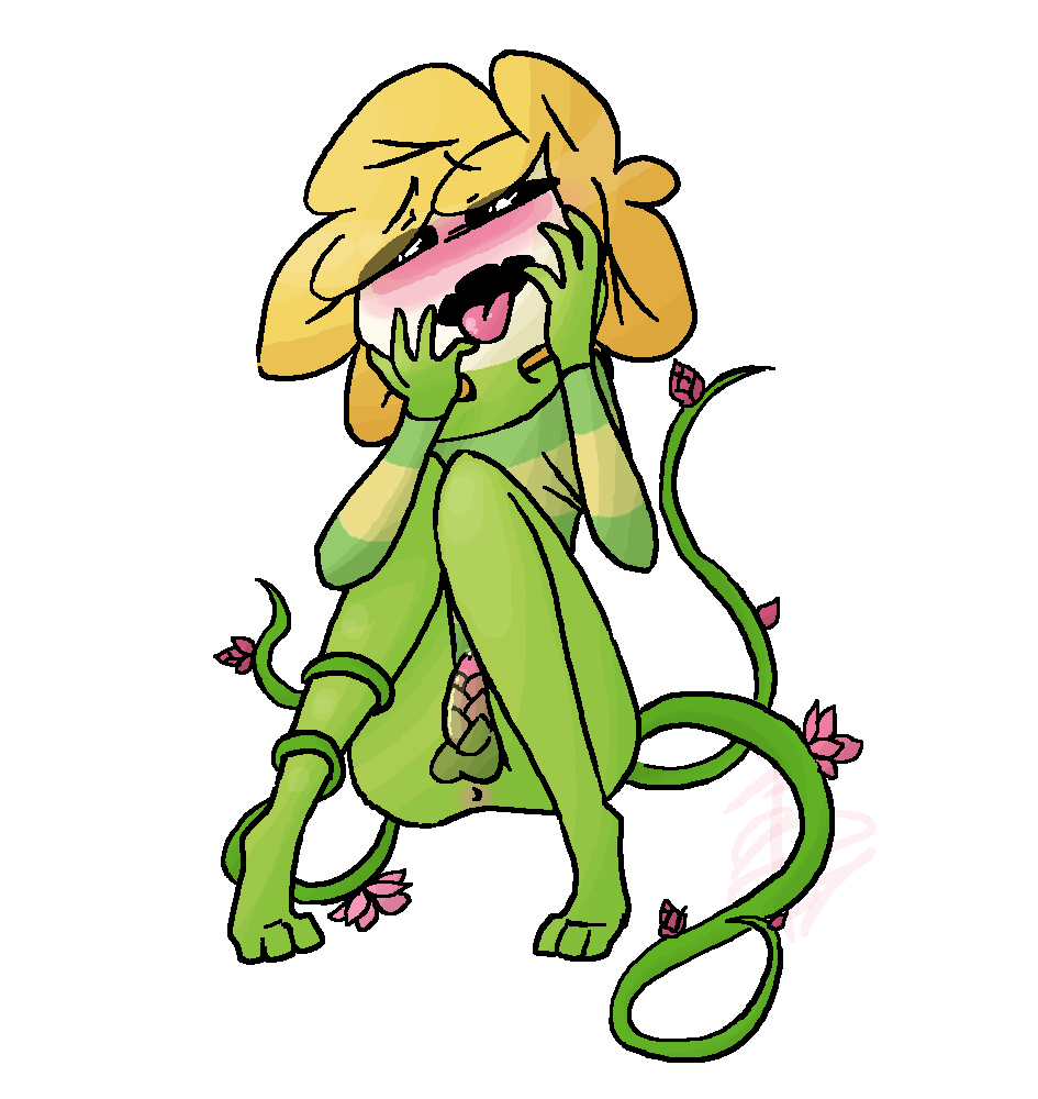 anthro anus balls blush clothed clothing flora_fauna flower flowey_the_flower half_naked hands_on_face looking_at_viewer male melonpussy monster penis petals plant sitting solo tongue tongue_out undertale video_games vines