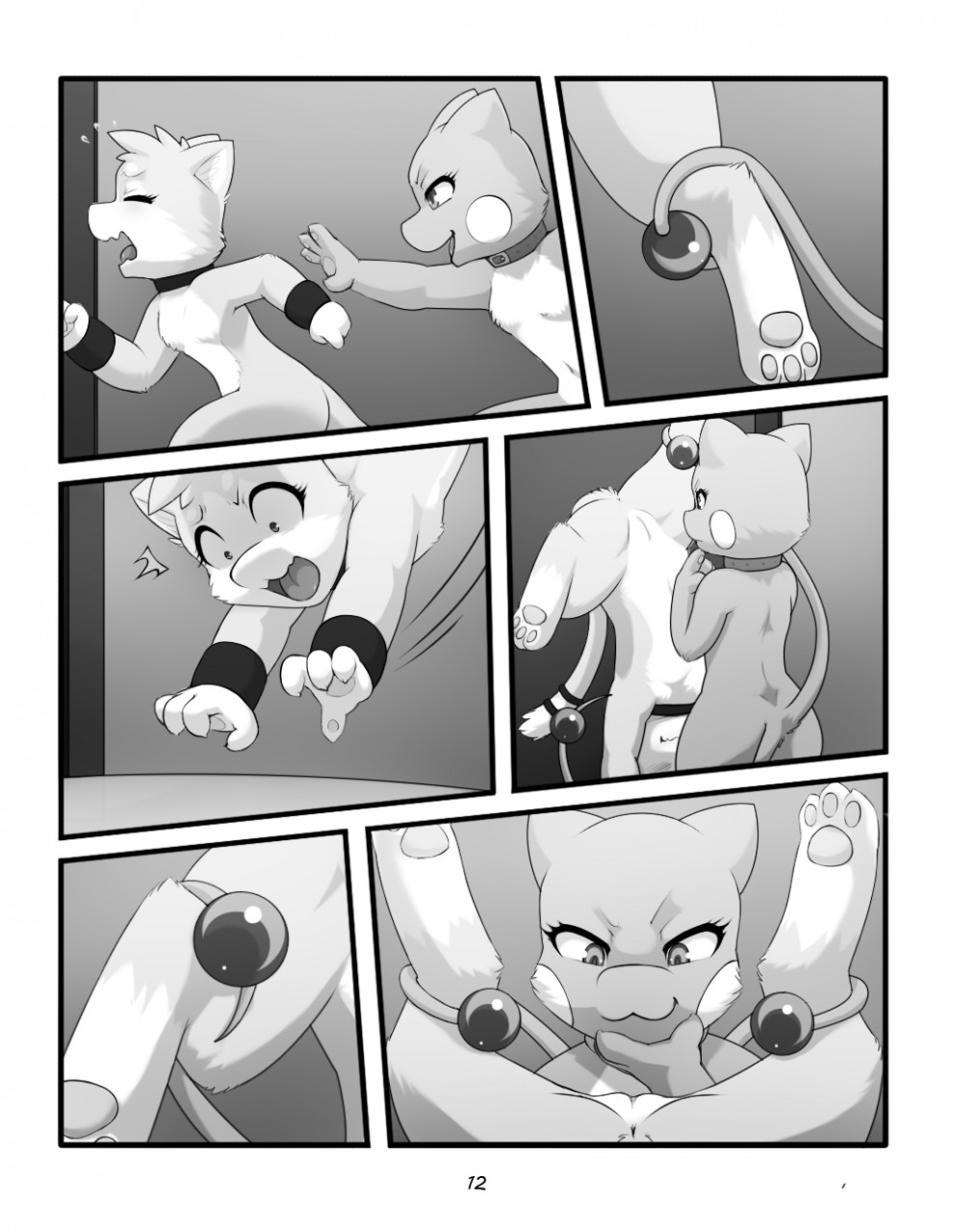 2016 anthro black_and_white blush breasts cat collar comic darkmirage dragonchu dragonchu_(character) falling fan_character feline female fur greyscale hair hi_res hybrid mammal monochrome nintendo nude open_mouth pok&eacute;mon pussy quetzalli_(character) shocked sibling simple_background sis_(fyoshi) sister spread_legs spreading tongue video_games white_fur