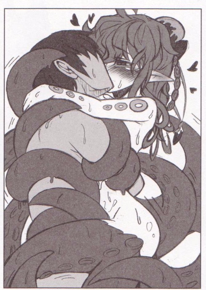 1girl blush faceless faceless_male happy_sex hat heart hug kenkou_cross kiss mamono_girl_lover monochrome monster_girl monster_girl_encyclopedia nude pointy_ears scylla scylla_(mamono_girl_lover) sex short_hair sweat tattoo tentacle tentacles_on_male