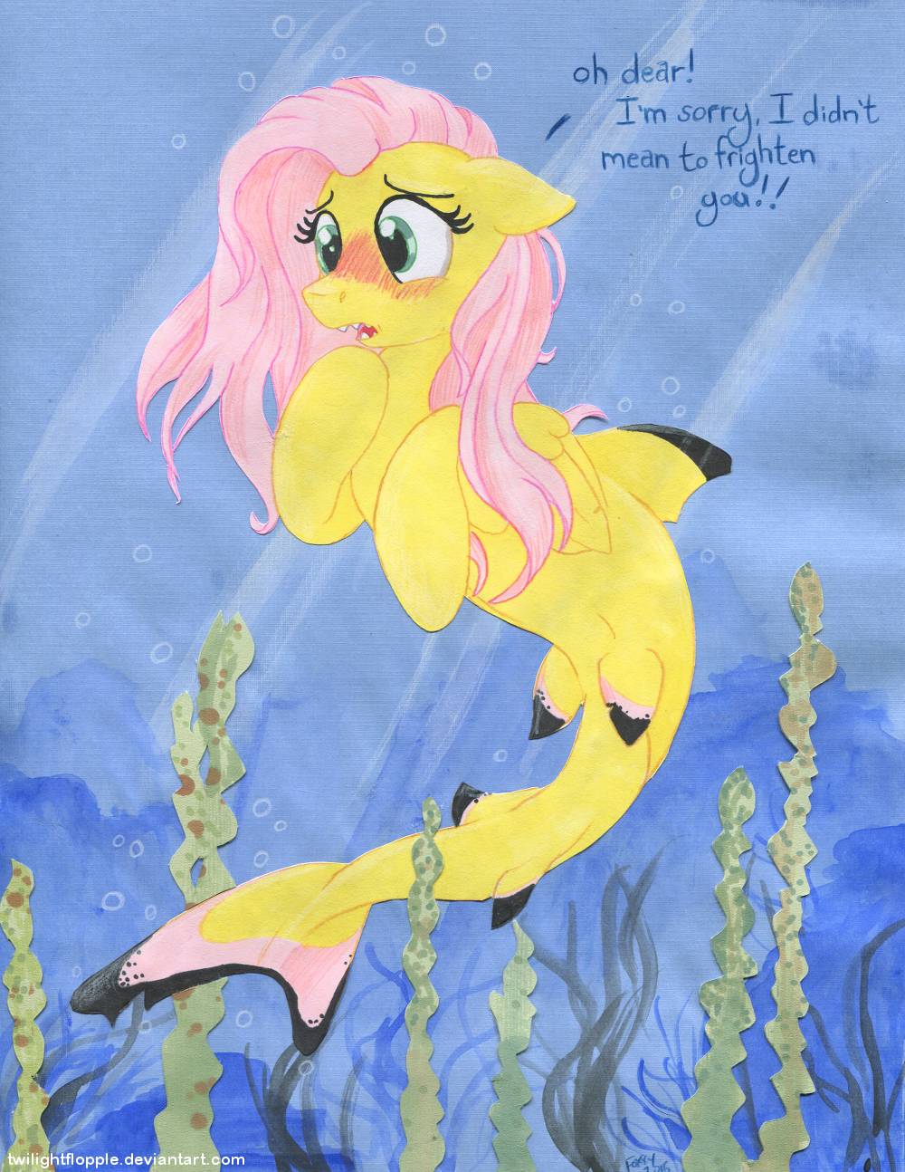 2015 alternate_species blush dialogue english_text equine female fish fluttershy_(mlp) friendship_is_magic hair hi_res hybrid mammal marine my_little_pony pegasus pink_hair shark sharp_teeth solo teeth text traditional_media_(artwork) twilightflopple underwater water wings