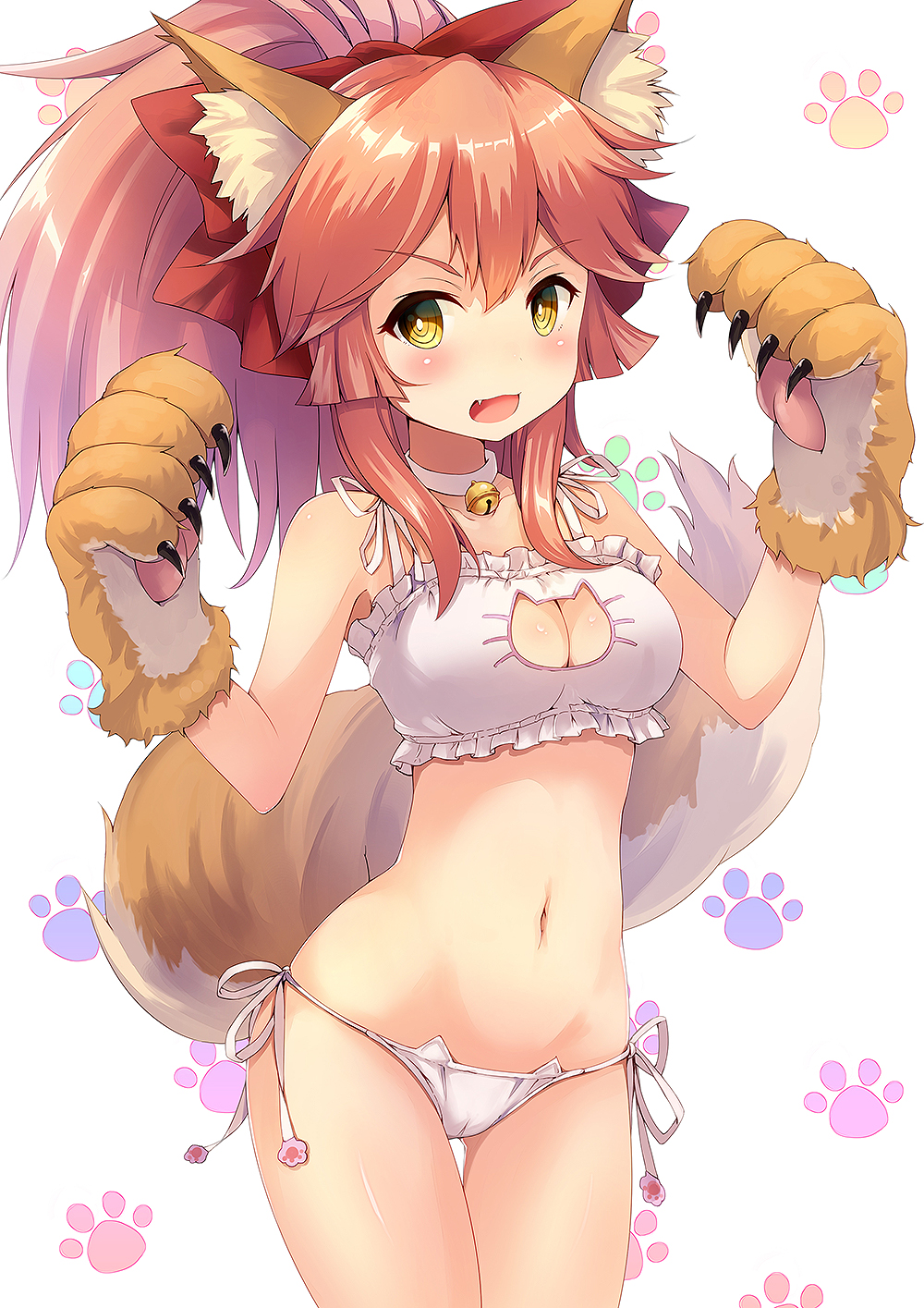 animal_ears bell bell_choker bell_collar bra breasts cat_cutout cat_ear_panties cat_lingerie choker cleavage cleavage_cutout collar collarbone fate/grand_order fate_(series) fox_ears fox_tail gloves hair_ribbon highres jingle_bell large_breasts long_hair looking_at_viewer meme_attire navel open_mouth panties paw_gloves paws ribbon side-tie_panties solo sunsuke tail tamamo_(fate)_(all) tamamo_cat_(fate) underwear underwear_only white_bra white_panties white_ribbon yellow_eyes