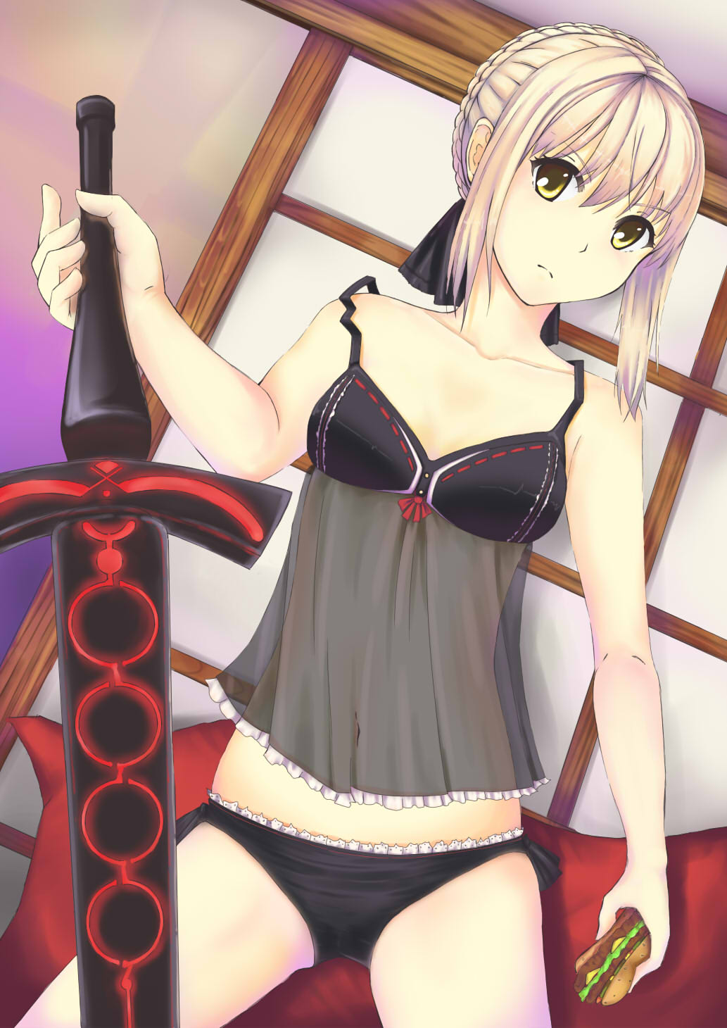 artoria_pendragon_(all) blonde_hair breasts dark_excalibur fate/stay_night fate_(series) food frown hamburger highres navel panties saber_alter small_breasts solo thighs type-moon underwear yellow_eyes yonakamousou