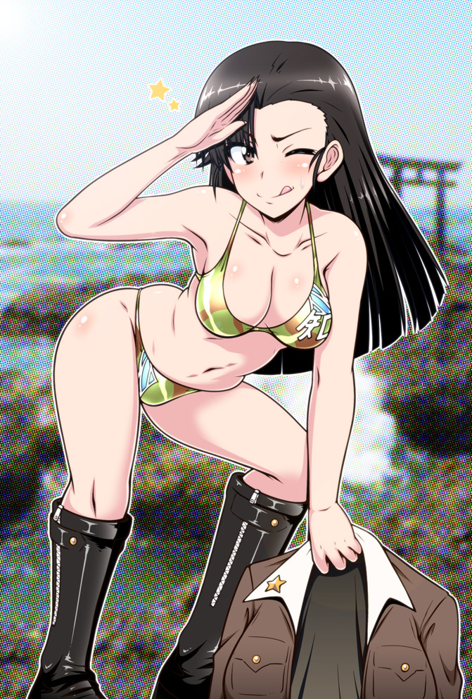 :p a-teru_haito bikini black_footwear black_hair boots breasts brown_eyes brown_jacket camouflage camouflage_bikini clothes_removed commentary_request emblem girls_und_panzer holding jacket jacket_removed knee_boots leaning_forward long_hair long_sleeves medium_breasts military military_uniform nishi_kinuyo one_eye_closed print_bikini salute solo standing swimsuit tongue tongue_out uniform