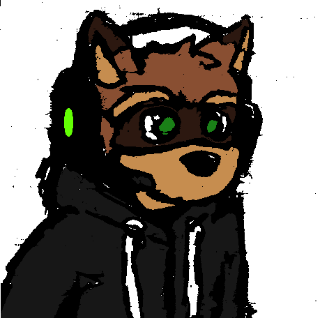 aliasing anthro black_nose brown_fur bust_portrait clothed clothing cute fur green_eyes grey_topwear headphones headset hoodie male mammal ms_paint olicoon portrait procyon raccoon simple_background solo white_background