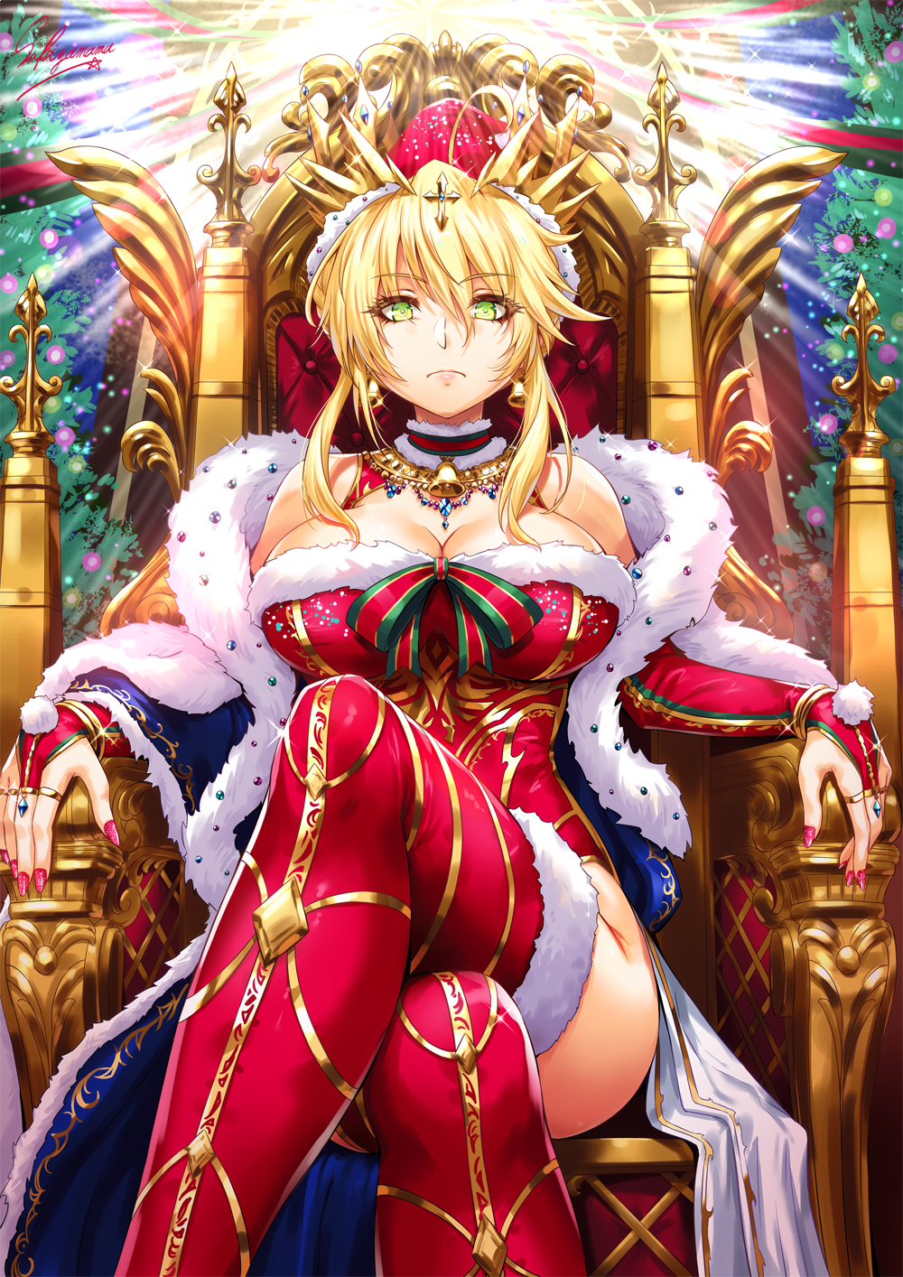 1girl ahoge artoria_pendragon_(all) artoria_pendragon_(lancer) backlighting bangs bell bell_choker bell_earrings blue_cape braid breasts bridal_gauntlets cape choker christmas christmas_ornaments christmas_tree closed_mouth cross cross_hair_ornament crown earrings expressionless eyebrows_visible_through_hair fate/grand_order fate_(series) french_braid fur-trimmed_cape fur-trimmed_legwear fur_trim glitter gold gold_trim green_eyes hair_between_eyes hair_ornament hat highres hips jewelry large_breasts legs_crossed leotard light_rays long_hair looking_at_viewer nail_polish necklace pink_nails red_legwear red_leotard sakiyamama santa_costume santa_hat sapphire_(stone) sidelocks signature sitting solo swept_bangs thighs throne