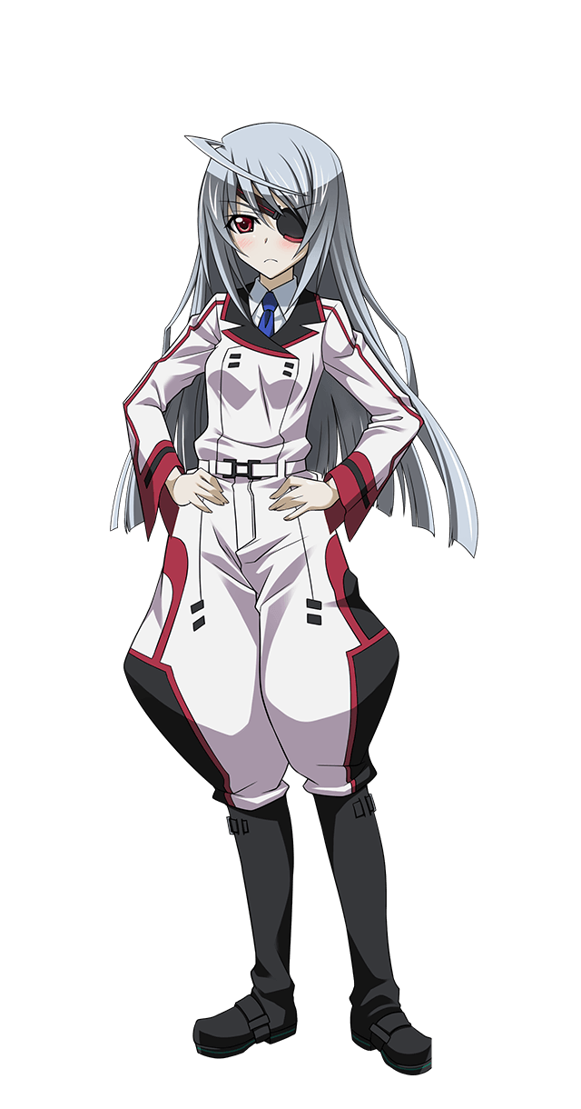 blue_neckwear brown_hair eyepatch full_body hand_on_hip highres infinite_stratos laura_bodewig long_hair looking_at_viewer necktie silver_hair solo transparent_background uniform