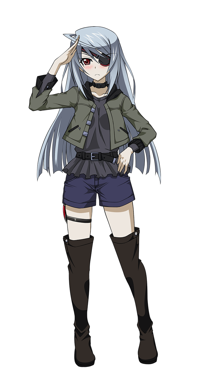belt black_footwear black_legwear boots eyepatch full_body hand_on_hip highres infinite_stratos laura_bodewig long_hair looking_at_viewer shorts silver_hair solo thigh_boots thighhighs transparent_background