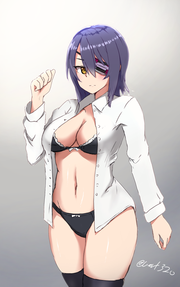 arm_at_side black_bra black_panties blouse bra breasts dress_shirt eyepatch hayabusa kantai_collection large_breasts looking_at_viewer navel no_pants open_blouse open_clothes panties purple_hair shirt short_hair solo stomach tenryuu_(kantai_collection) thighhighs underwear white_blouse yellow_eyes