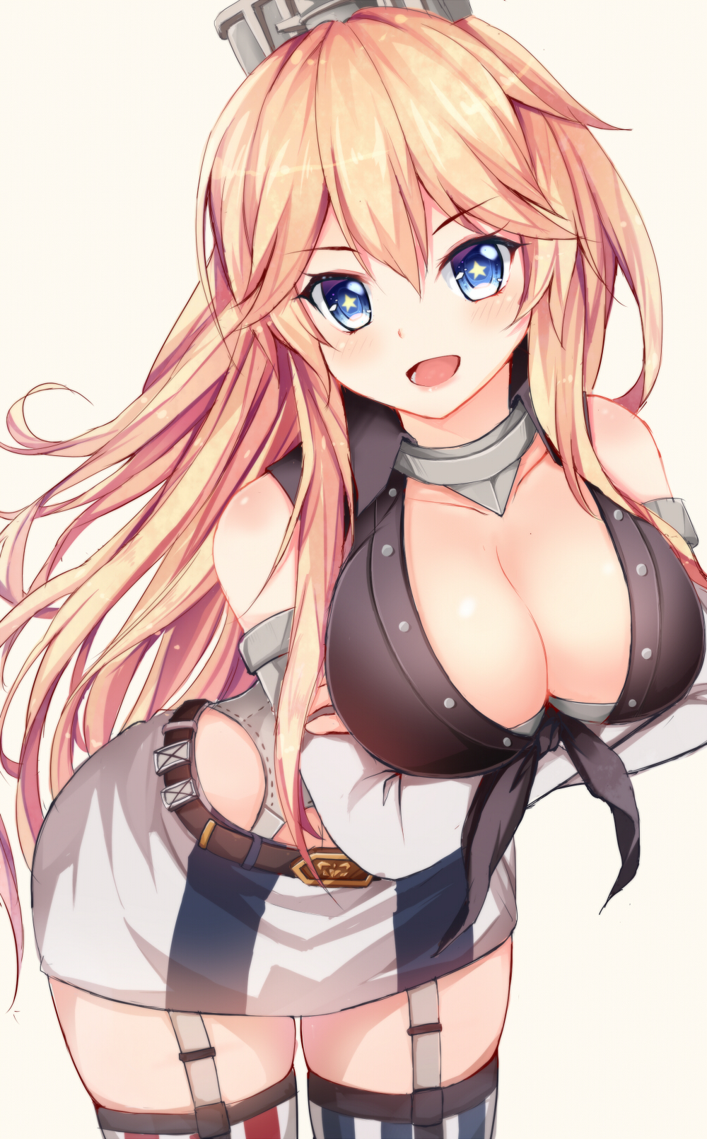 belt belt_buckle blonde_hair blue_eyes blush breasts buckle cleavage elbow_gloves eyebrows eyebrows_visible_through_hair fingerless_gloves front-tie_top garter_straps gloves headgear highres iowa_(kantai_collection) kantai_collection large_breasts leaning_forward long_hair looking_at_viewer miniskirt mismatched_legwear open_mouth qunqing skirt smile solo standing star star-shaped_pupils striped striped_legwear symbol-shaped_pupils thighhighs vertical-striped_legwear vertical-striped_skirt vertical_stripes zettai_ryouiki