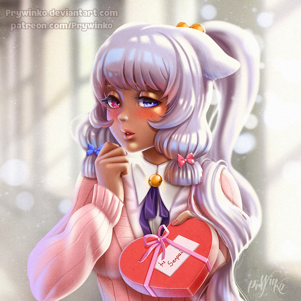 1girl artist_name bangs bell blue_bow blue_eyes blue_ribbon blush bow box commentary deviantart_username english_commentary gift hair_bow heart-shaped_box heterochromia holding holding_gift incoming_gift lips long_hair long_sleeves looking_at_viewer medium_hair nail_polish neck_bell neck_ribbon olga_narhova open_mouth original parted_lips patreon_username pink_bow pink_eyes pink_lips pink_sweater ponytail ribbed_sweater ribbon school_uniform shiny shiny_hair shirt sidelocks signature solo sweater upper_body valentine very_long_hair watermark web_address white_hair white_shirt