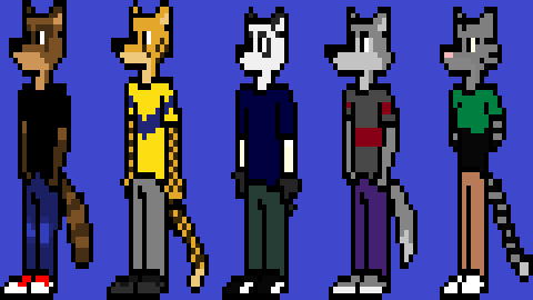 anthro bear black_nose blue_background brown_fur canine cat cheetah clothed clothing digital_media_(artwork) feline female fur grey_fur male mammal ms_paint olicoon panda pixel_(artwork) procyon raccoon simple_background white_fur wolf yellow_fur