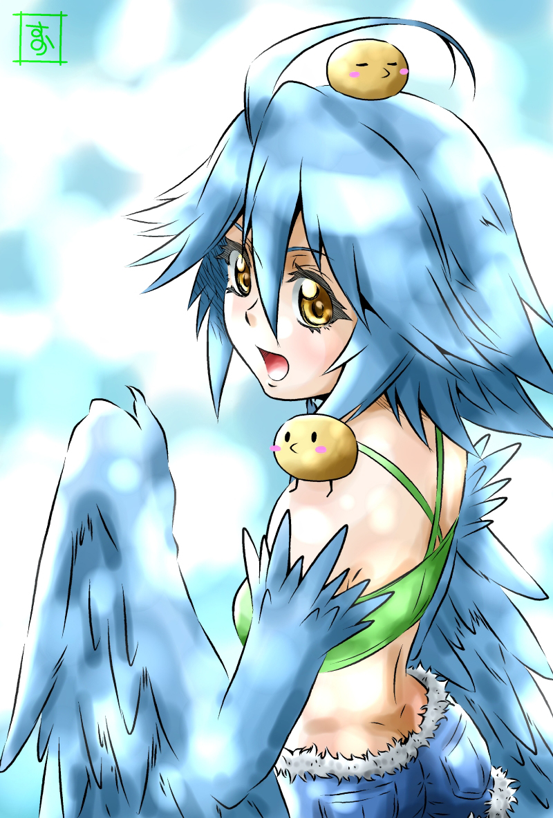 ahoge animal animal_on_head animal_on_shoulder bird bird_on_head bird_on_shoulder blue_hair blue_wings blush_stickers butt_crack chick cowboy_shot feathered_wings feathers from_behind harpy monster_girl monster_musume_no_iru_nichijou on_head papi_(monster_musume) s-now signature solo wings yellow_eyes