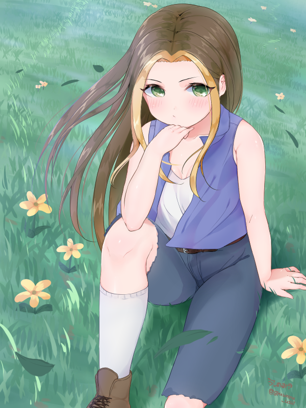 arm_at_side arm_support belt blonde_hair blue_pants blush boots breasts brown_footwear brown_hair chin_rest cross-laced_footwear floating_hair flower from_above grass green_eyes harvest_moon head_rest karen_(harvest_moon) kneehighs leaf long_hair looking_at_viewer multicolored_hair on_ground outdoors pants shorts sleeveless small_breasts solo torn_clothes torn_shorts twitter_username two-tone_hair ushinomiya white_legwear wind yellow_flower