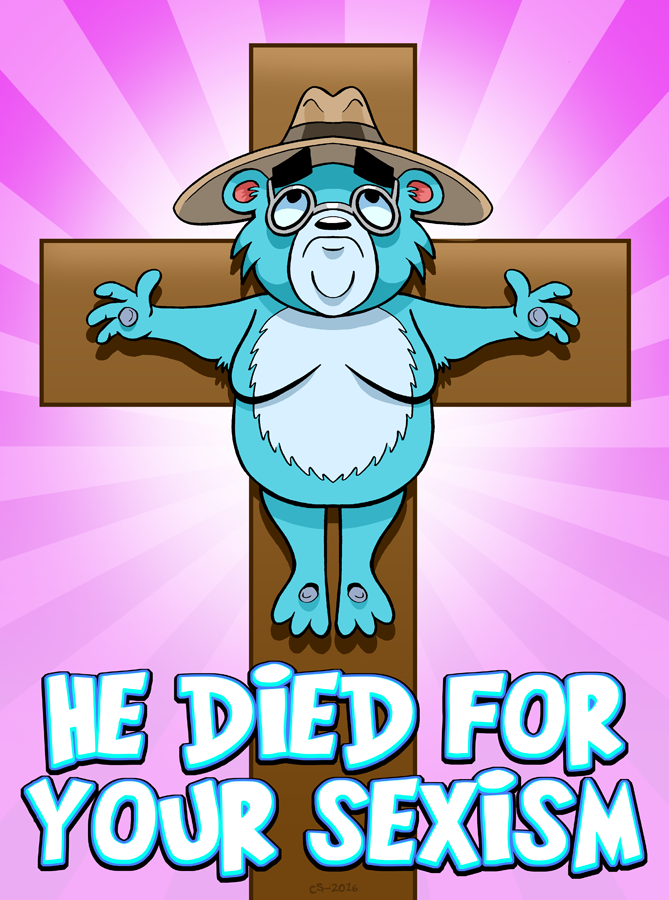 2016 anthro bear black_eyes black_nose blue_fur cross curtsibling digital_media_(artwork) easter english_text eyebrows eyewear fedora fur glasses hat holidays looking_up male mammal moobs nails parody purple_background sad simple_background solo text tom_preston watermark white_sclera