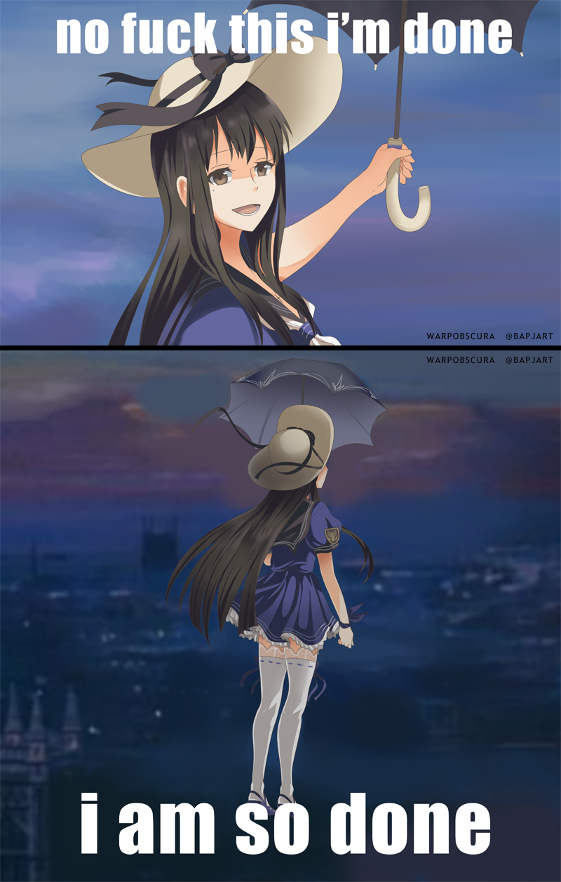 2koma beta_(joutarou) black_hair blue_ribbon brown_eyes brown_hair comic dress english floating from_behind hat highres iowa_(pacific) kantai_collection lace lace-trimmed_dress long_hair mary_poppins meme mole mole_under_eye open_mouth pacific parody profanity ribbon ribbon-trimmed_legwear ribbon_trim shaded_face smile split_screen sun_hat text_focus thighhighs umbrella wrist_ribbon