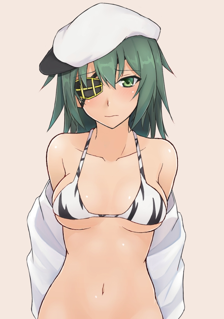 :| arms_behind_back bare_shoulders beige_background bikini bikini_top blush breasts cleavage closed_mouth collarbone embarrassed eyebrows eyebrows_visible_through_hair eyepatch flat_cap green_eyes green_hair hair_between_eyes hat kantai_collection kiso_(kantai_collection) looking_at_viewer medium_breasts midriff navel nikonikosiro one_eye_covered shirt short_hair simple_background solo stomach swimsuit undressing white_bikini white_hat white_shirt