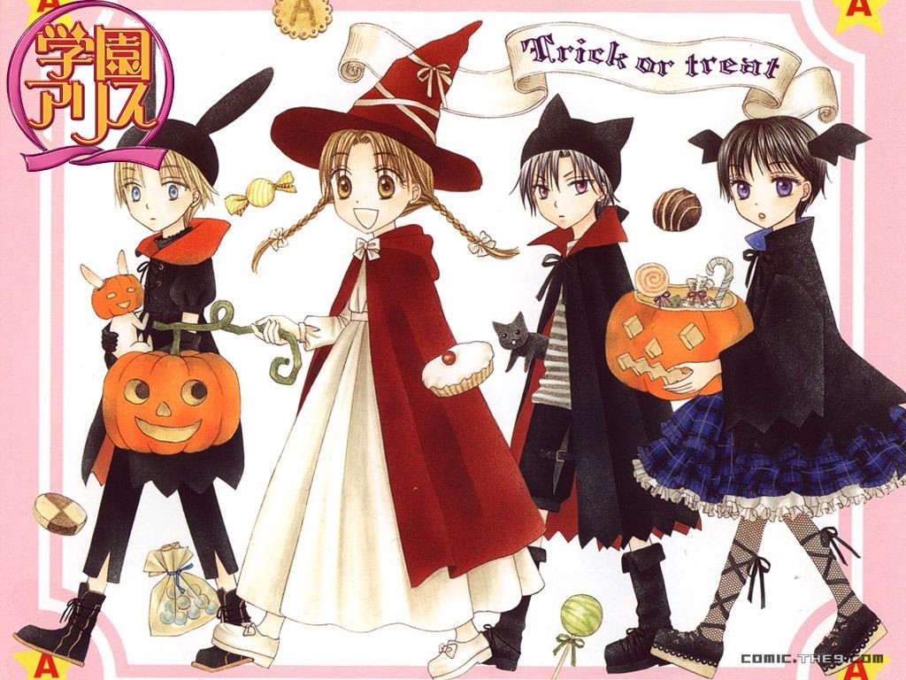 2girls black_cat black_footwear black_hair black_pants black_shorts blonde_hair blue_eyes braid brown_eyes bunny candy candy_cane cat chocolate closed_mouth coat cookie cupcake dress eyebrows_visible_through_hair food full_body gakuen_alice halloween hat higuchi_tachibana holding holding_pumpkin hyuuga_natsume imai_hotaru jack-o'-lantern jpeg_artifacts lollipop looking_at_viewer multiple_boys multiple_girls nogi_ruka non-web_source open_mouth pants pumpkin ribbon sakura_mikan shoes shorts smile swirl_lollipop text_focus trick_or_treat walking wallpaper white_dress white_footwear witch_hat