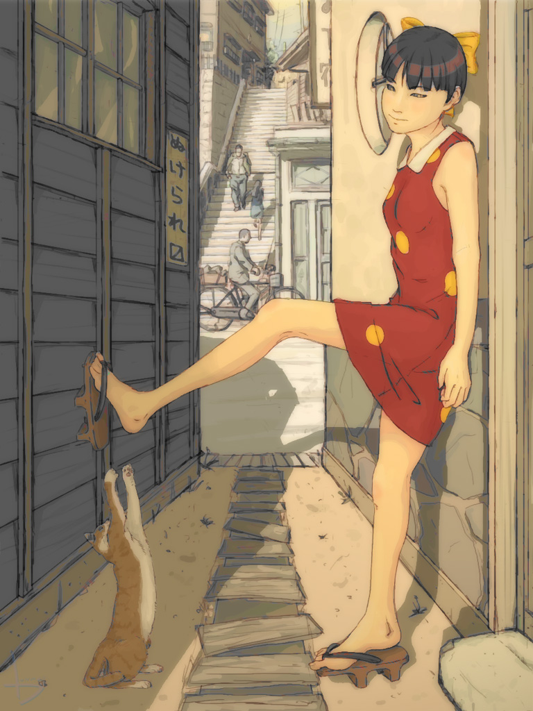 alley artist_request bare_shoulders black_hair bow cat dress feet flat_chest gegege_no_kitarou geta hair_bow nekomusume realistic sandals shoe_dangle short_hair solo stairs teasing