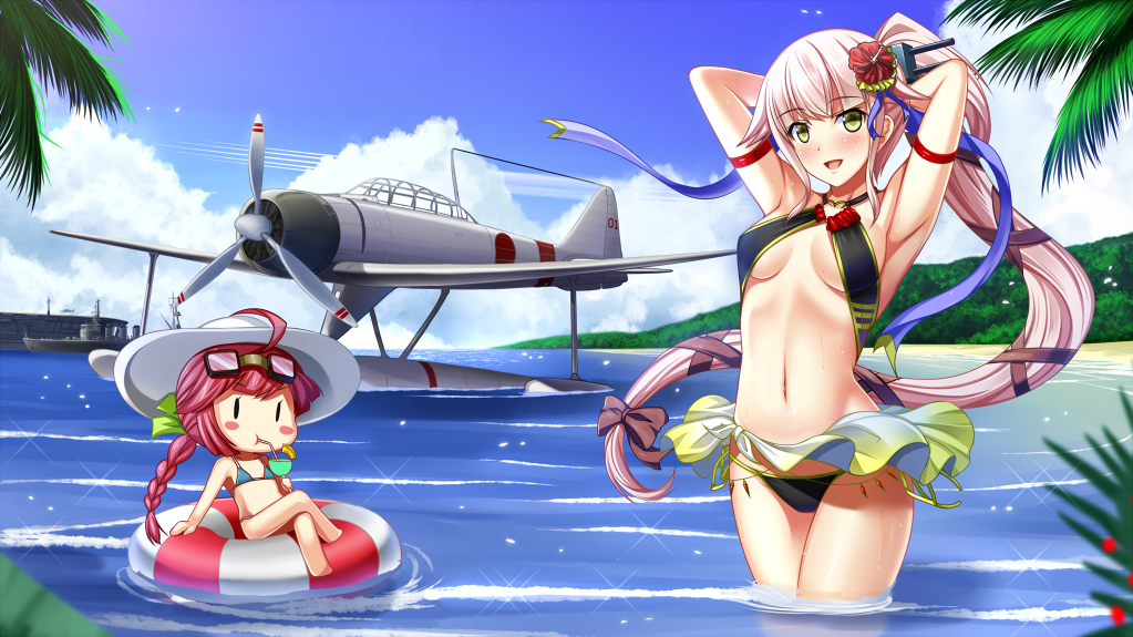 a6m2-n ahoge aircraft_carrier aqua_bikini armpits arms_behind_head arms_up bikini black_bikini blue_sky bow braid breasts cloud crossed_legs cruiser day drinking drinking_straw eyewear_on_head fairy_(kantai_collection) flower green_eyes hair_bow hair_flower hair_ornament hair_ribbon hat kantai_collection lifebuoy long_hair looking_at_viewer medium_breasts military military_vehicle minigirl multiple_girls navel ocean open_mouth palm_tree pink_hair ponytail ribbon sarong seaplane shibata_rai ship single_braid sitting sky slingshot_swimsuit smile sunglasses swimsuit tree type_0_observation_seaplane very_long_hair warship watercraft yura_(cruiser) yura_(kantai_collection)