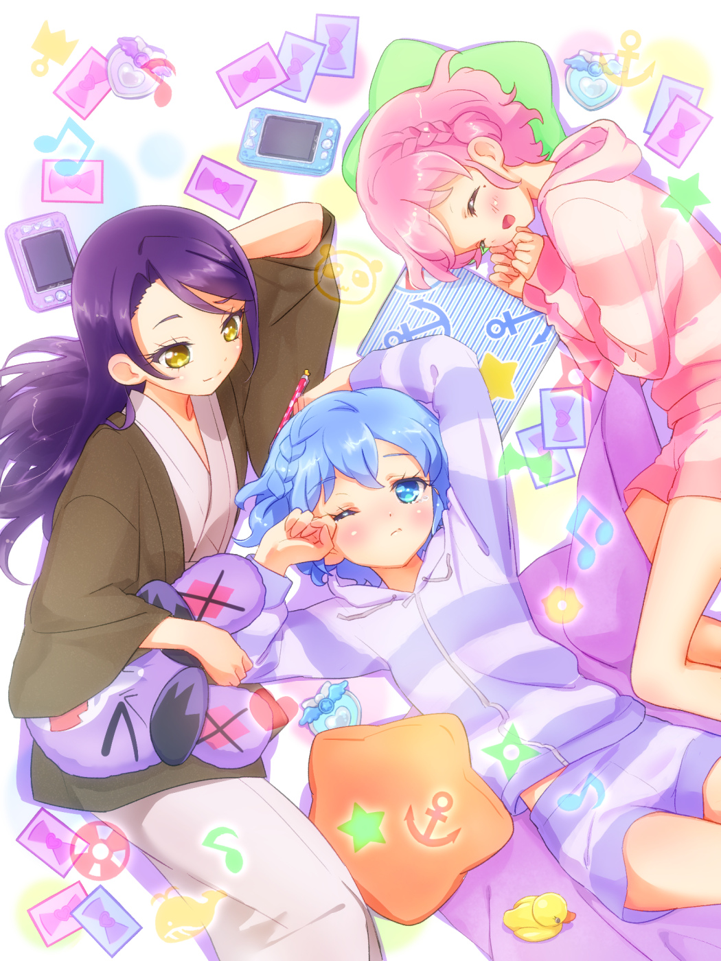 2girls :d blue_eyes blue_hair brother_and_sister dorothy_west hanten_(clothes) highres japanese_clothes leona_west loungewear matching_outfit mole multiple_girls ndo2 official_style open_mouth pink_hair pretty_(series) pripara short_hair shorts siblings smile striped striped_hoodie striped_shorts toudou_shion twins