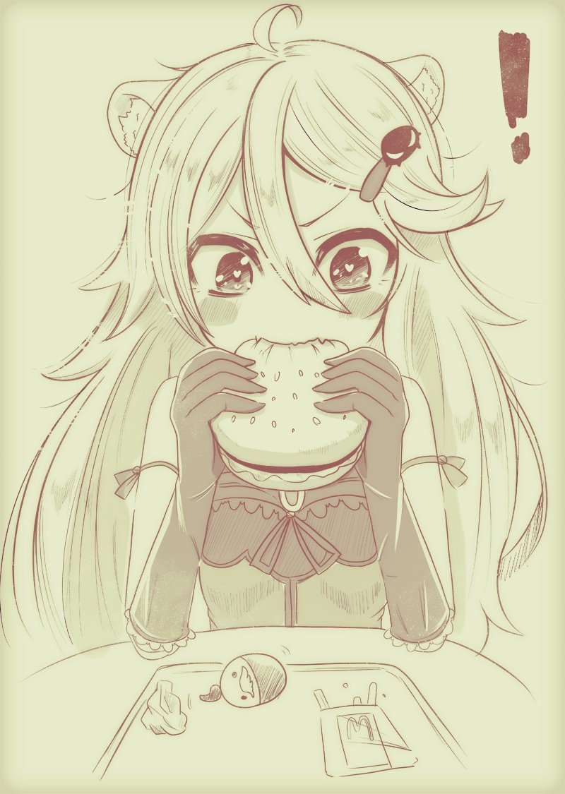 1girl ahoge ailane_(show_by_rock!!) animal_ears arisugawa_maple arm_strap blush_stickers eating elbow_gloves food french_fries gloves greyscale hair_ornament hairclip hamburger happy_meal heart heart-shaped_pupils lion_ears long_hair mcdonald's monochrome oshino_hazure show_by_rock!! simple_background sitting solo symbol-shaped_pupils table tan_background toy tray